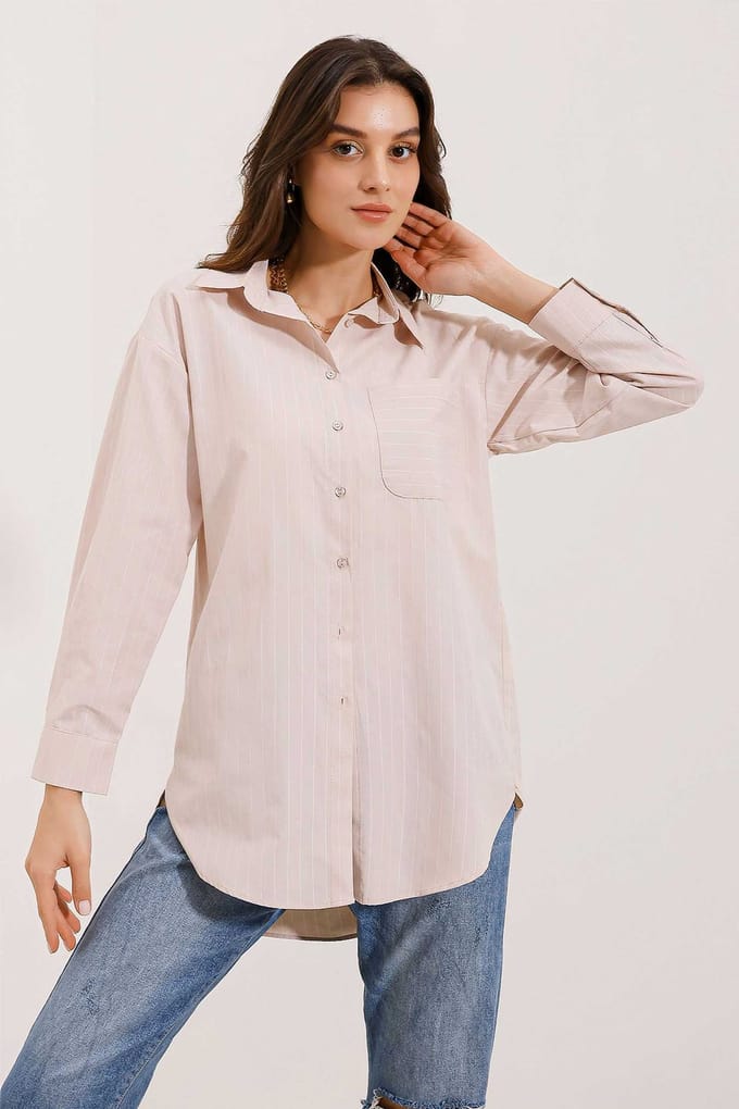 Oversized Gestreepte Poplin Shirt met Zak