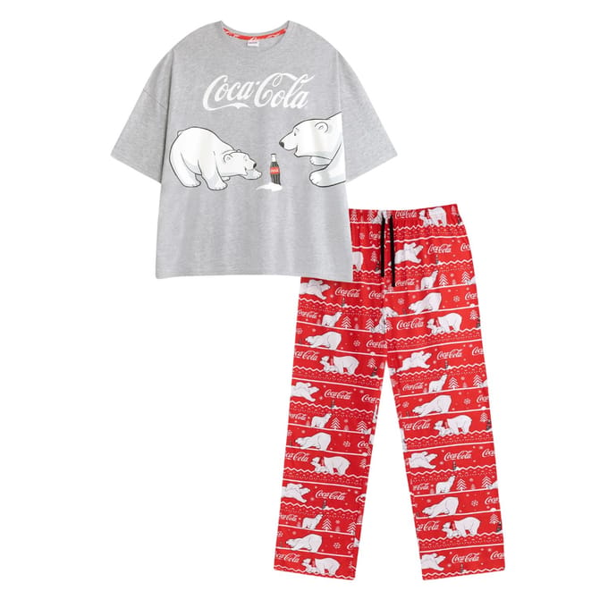 Coca-Cola Dames Logo Korte Mouw Lange Pyjama Set XL rood/grijs