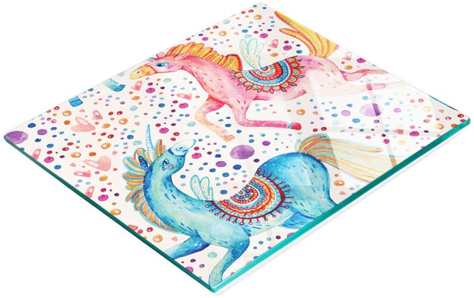 Gehard multifunctioneel decoratief bord van glas met eenhoorns, 60x52 cm