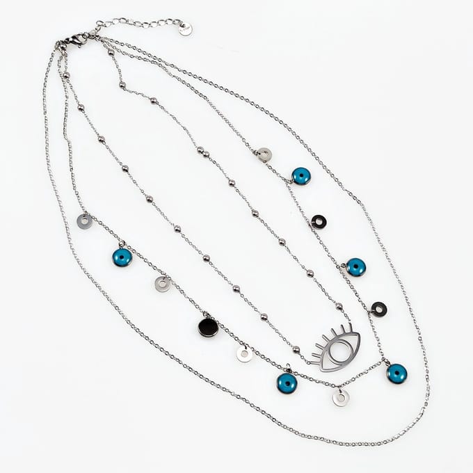 3 Lagen Ketting Dames - RVS Zilverkleur - Multilager Collier -Halskettingen met Turks Oog