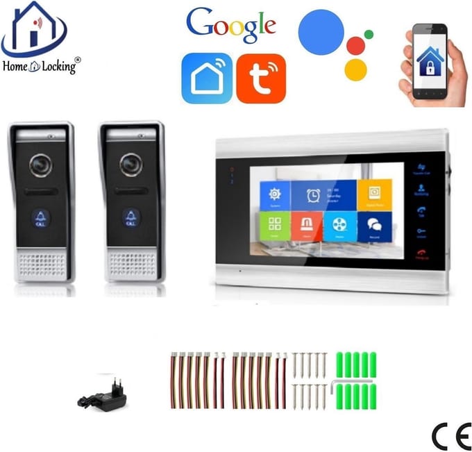 WIFI videofoon/intercom met 2 deurbel camera's + 1 binnen paneel/scherm en kan werken met spraak gestuurde apps. T-2101-1-2.