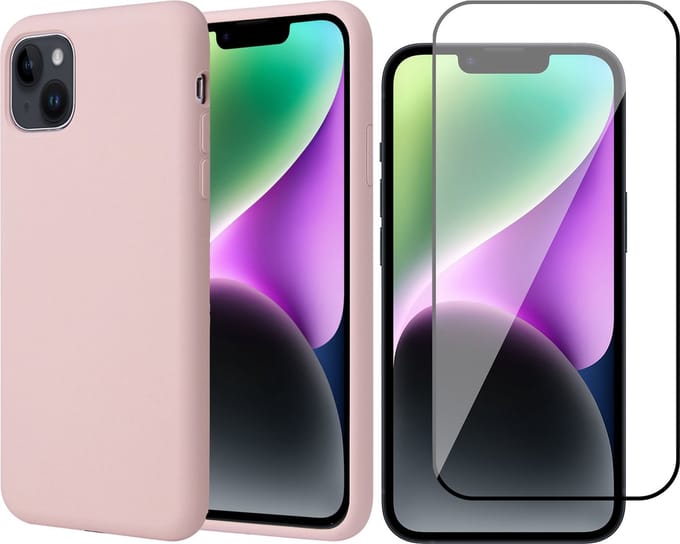 Hoesje geschikt voor iPhone 14 Plus - Matte Back Cover Microvezel Siliconen Case Hoes Roze - Full Tempered Glass Screenprotector