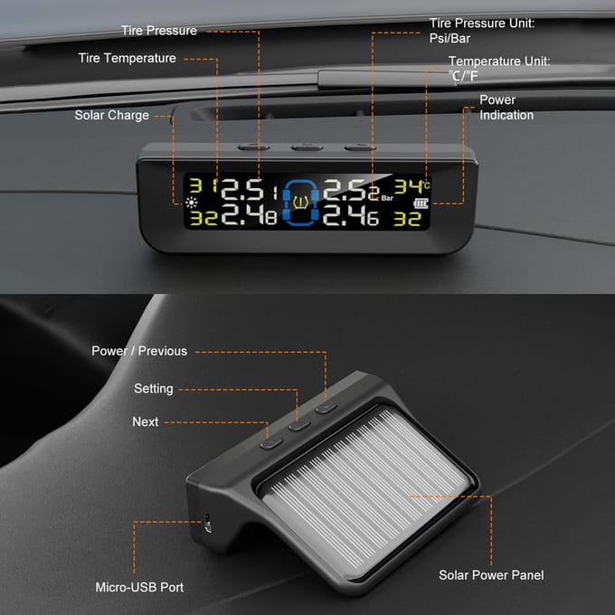 Système de surveillance de la pression des pneus, système de surveillance de la pression des pneus solaire sans fil avec écran LCD, Internal Sensor noir