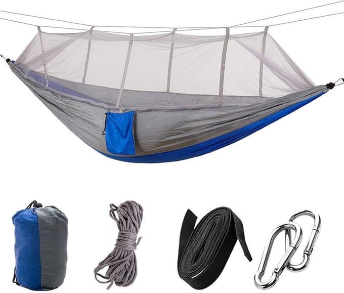 Draagbare Hangmat - Kampeer Hangbed - Outdoor Ontspanning - Geïntegreerde Klamboe - 1-2 Persoons - Grijs Blauw