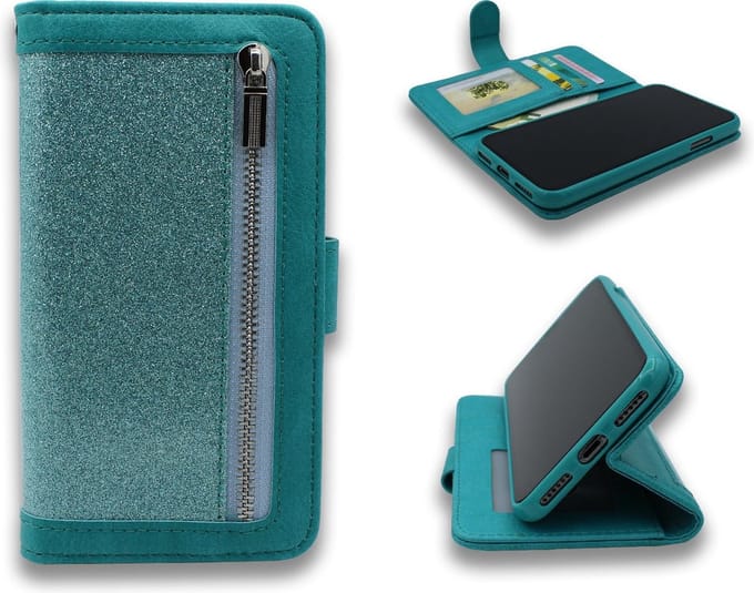 HB Hoesje Geschikt voor Apple iPhone 7 Plus & 8 Plus - Glitter - Turquoise - Luxe Portemonnee Book Case met Rits
