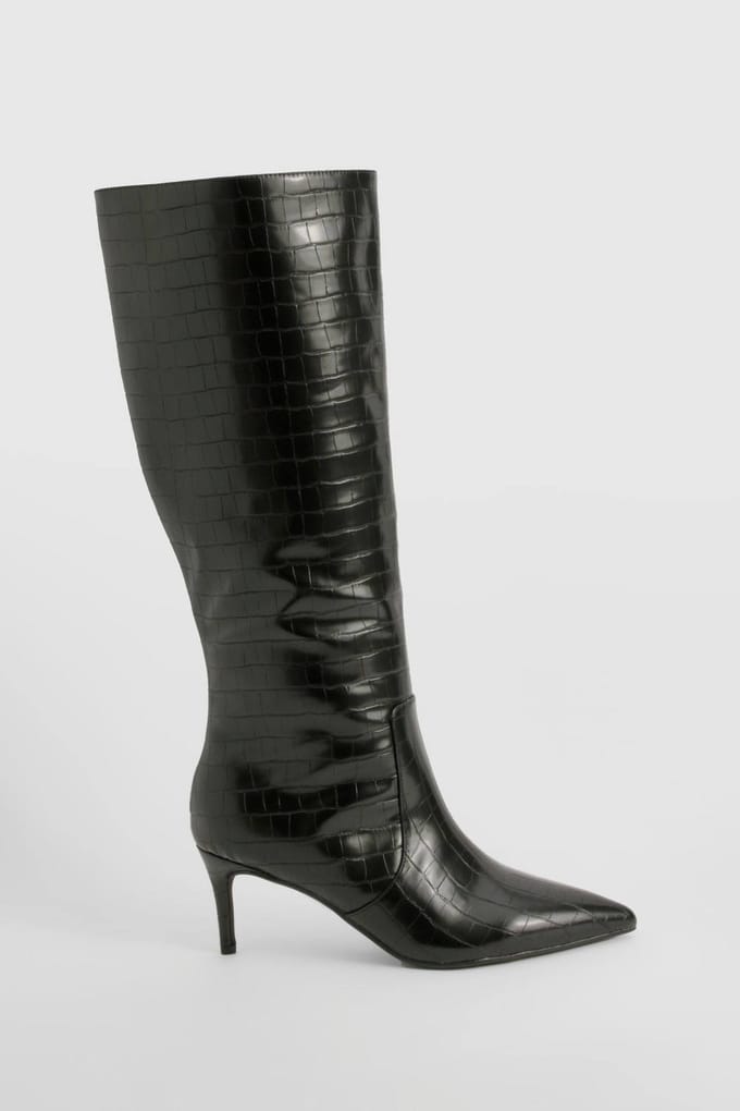 boohoo Dames Gebogen Stiletto Kniehoge Laarzen | Black | Maat: 4