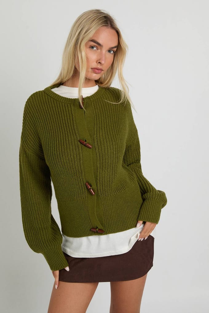 boohoo Dames Toggleknop Hoge Hals Gebreide Cardigan | Khaki | Maat: Small