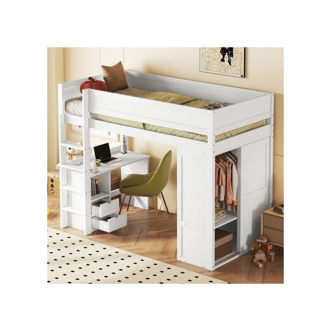 Verhoogd bed - MUVOE - 90x200cm - Wit - Met kast en bureau - 2 opberglades wit