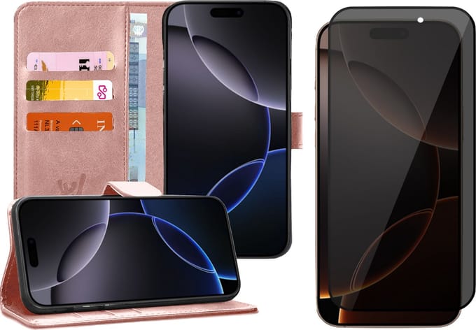 Hoesje geschikt voor iPhone 16 Plus - Privacy Screenprotector Volledig Dekkend Glas - Portemonnee Book Case Rosegoud