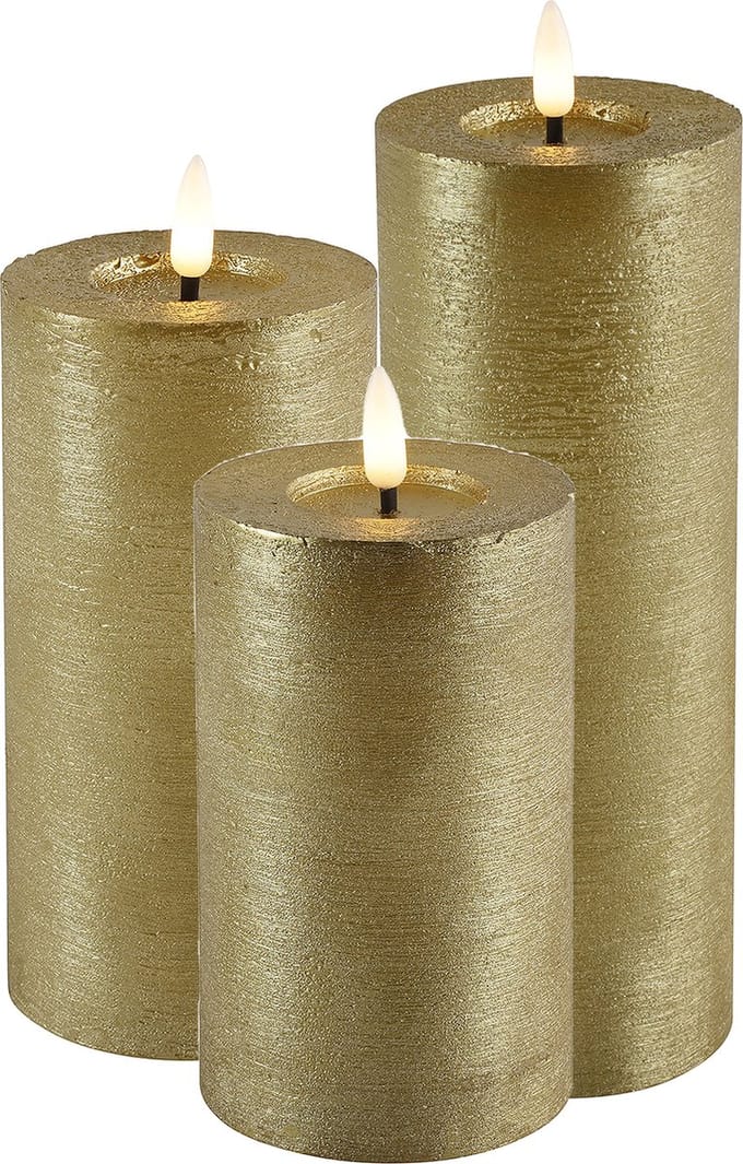 LED kaarsen/stompkaarsen - set 3x - goud - H12,5, H15 en H20 cm - warm wit