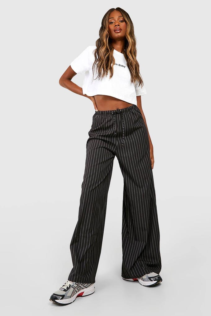 boohoo Dames Stripe Wide Leg Floaty Trousers | Zwart | Maat: 34