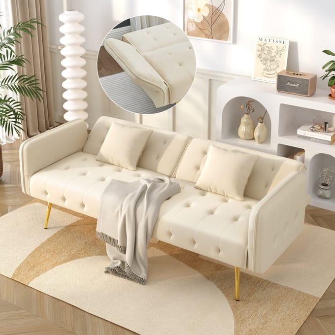 Slaapbank - 2-Zits - Verstelbare Armleuningen - Modern en Opvouwbaar - Velours - Beige