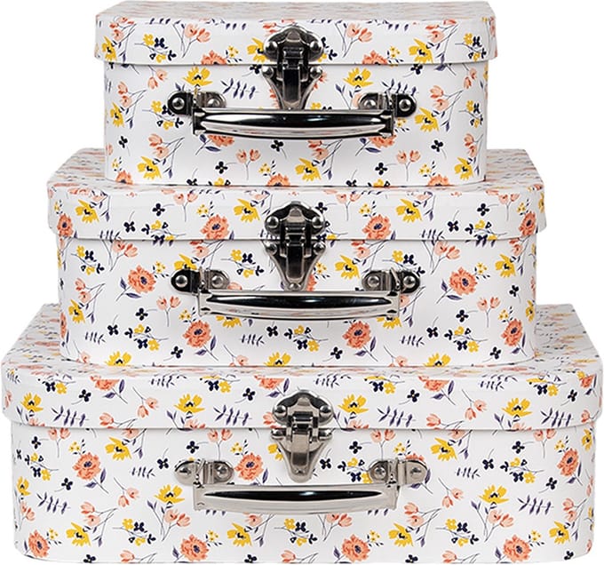 Clayre & Eef Decoratie Koffer Set van 3 30x22x9/25x20x9/20x17x8 cm Wit Karton Bloemen