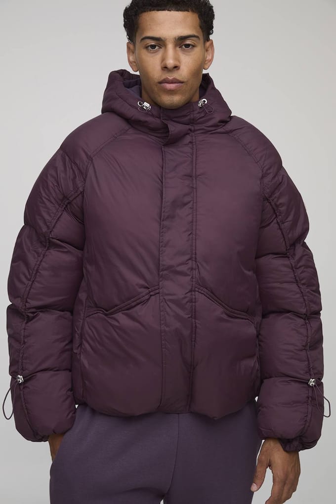 Pufferjack met oversized pasvorm, geraffelde mouwen en panelen | Plum | Size Medium