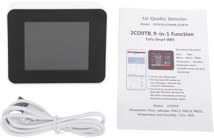 Luchtkwaliteitsdetector - CO2 PM2.5 meter - Binnenklimaat meten - Realtime metingen - 2000 mAh batterij - Wit