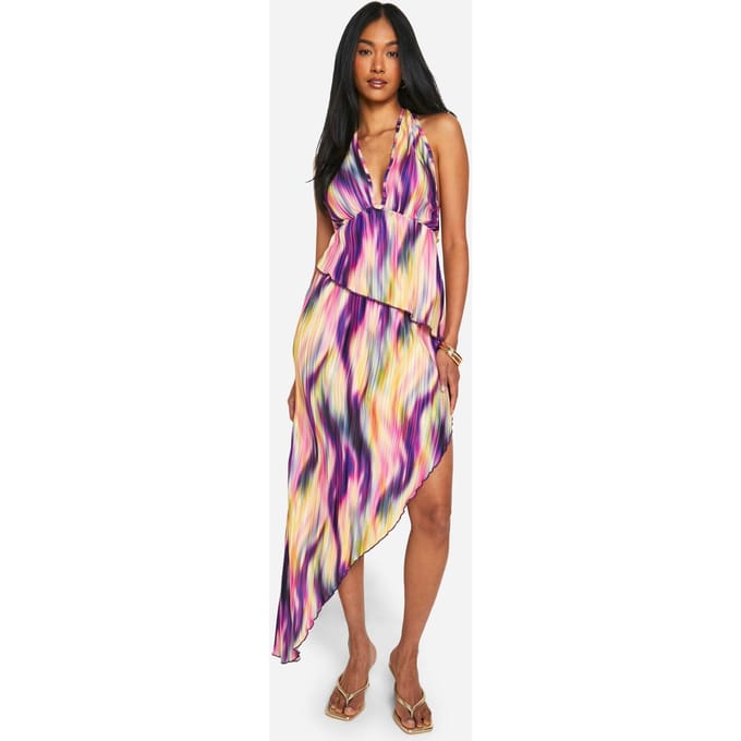 boohoo Dames Tie Dye Plisse Asymmetrische Maxi Rok | Violet | Maat: 40