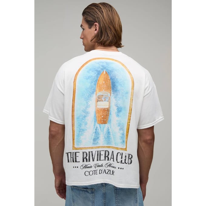 Wit Oversized Boxy T-shirt Met Yacht Riviera Club Print | White | Size Medium