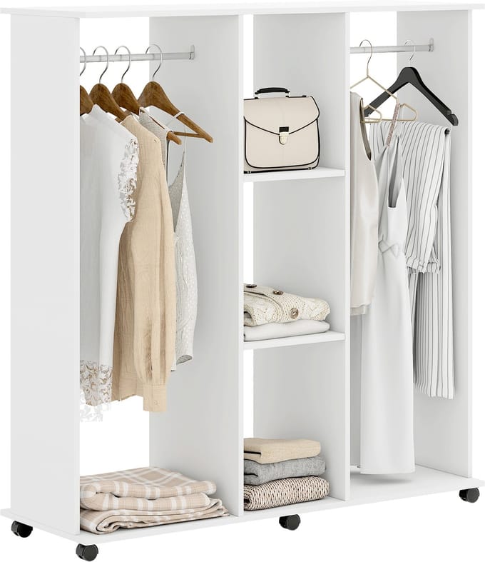 HOMCOM Kledingrek op wielen - Spaanplaat - 120x40x128cm - Wit