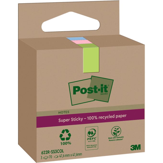 Post-it Super Sticky Notes Recycled | 70 vel | ft 47 | 6 x 47 | 6 mm | assorti | pak van 3 blokken