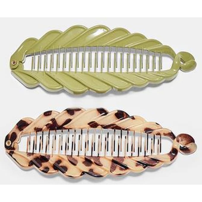 Stradivarius Set van 2 bananenbontklemmen met golven  Kaki OS