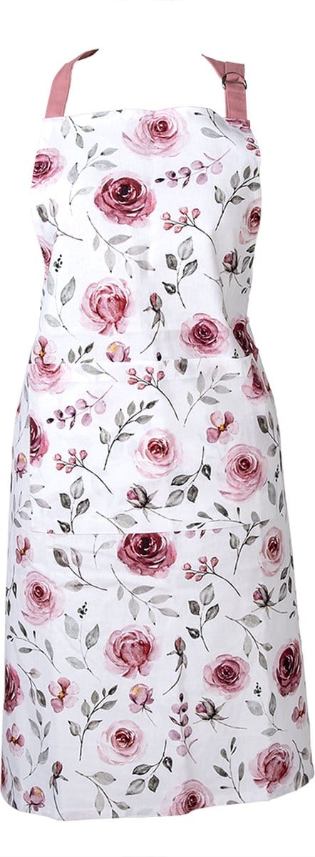 Clayre & Eef Keukenschort 70x85 cm Wit Roze Katoen Rozen