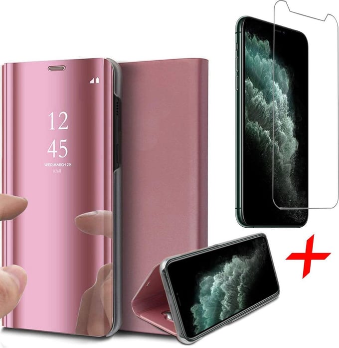 Hoesje geschikt voor iPhone 11 Pro - Screen Protector GlassGuard - Book Case Spiegel Roségoud & Screenprotector