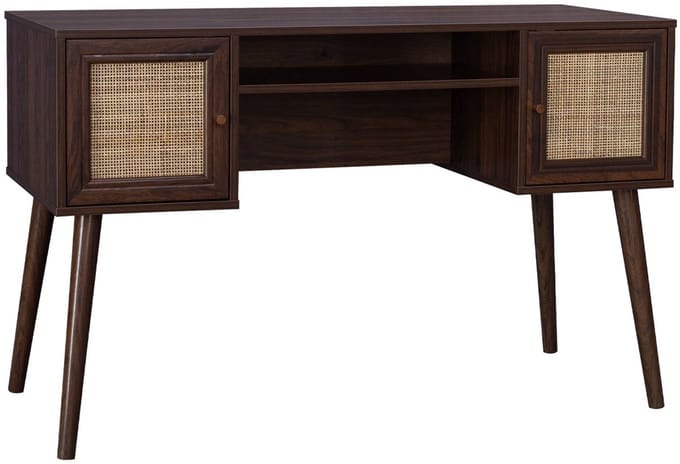 sweeek - Cannage bureau en decor hout met 2 deuren, 1 open vak, kompas poten