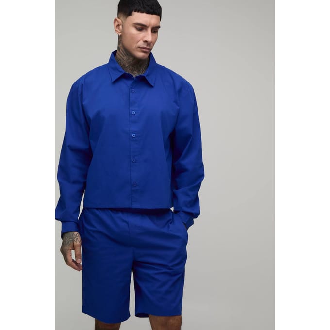 Lang Gecropte Boxy Oversized Shirt & Baggy Short Set | Cobalt | Size XL