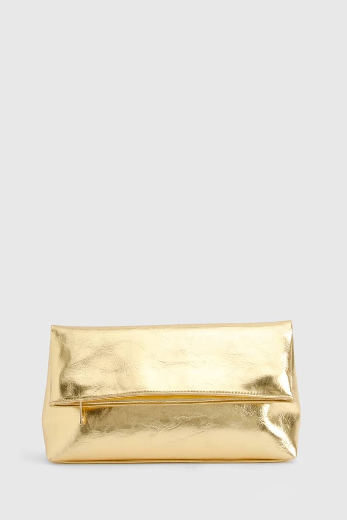 boohoo Dames Grote Metallic Fold Over Clutch Bag | Goud