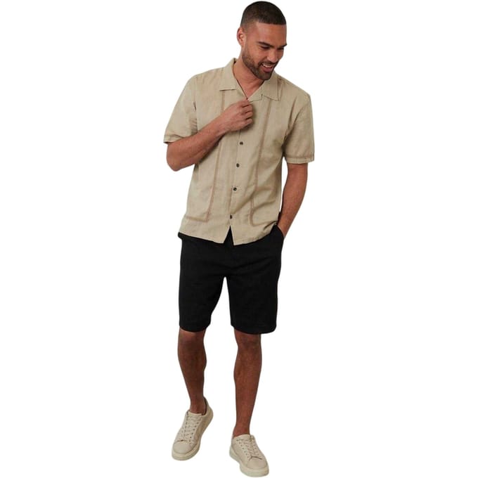 Threadbare Mannen Geborduurde Kraag Korte Mouwen Bowling Shirt (Stone)