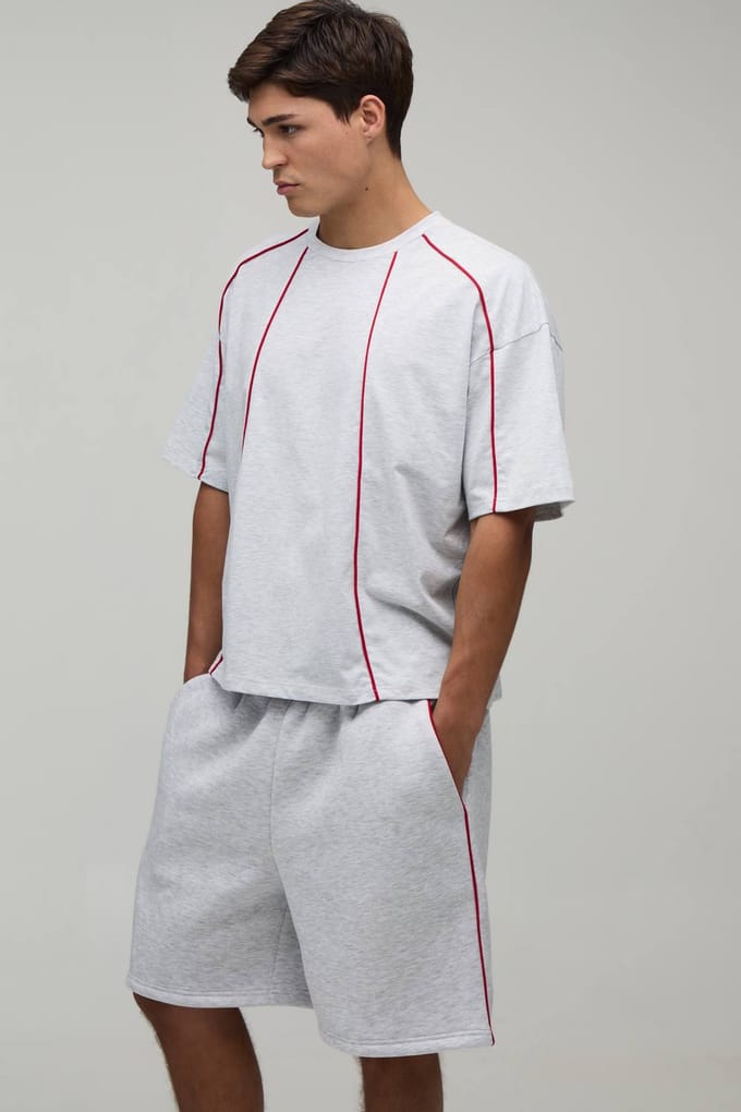 Oversized Boxy T-shirt & Baggy Short Set Met Contrasterende Biesjes | Grey Marl | Size Medium