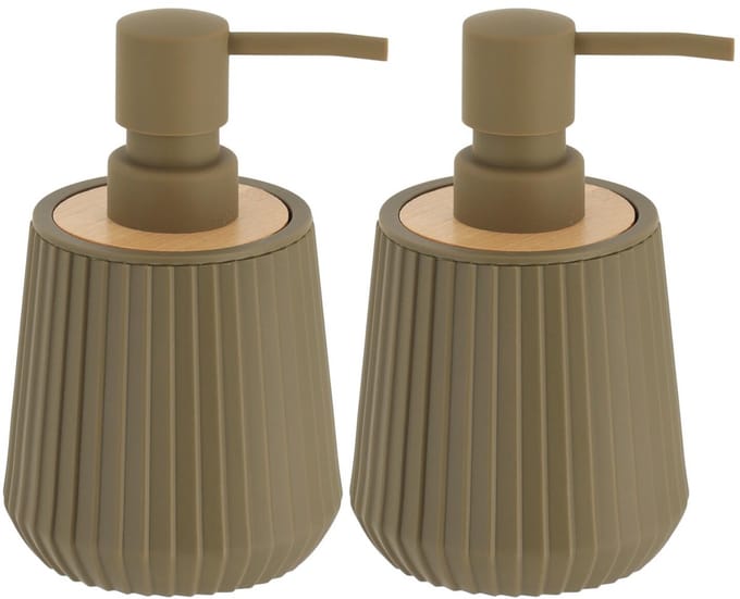 Tendance zeeppomp striped - 2x - groen - 250 ml - D8 x H15 cm - rubber/bamboe - zeep dispenser