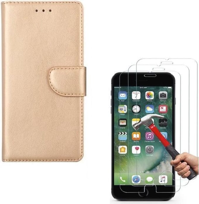 hoesje Geschikt voor: iPhone 6 Plus / iPhone 6S Plus Portemonnee Goud met 2 stuks Glas Screen protector