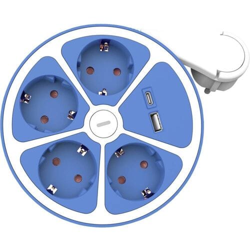 ROLINE 4-voudige stekkerdoos met schakelaar, rond, , USB-oplader A+C, blauw, 3 m