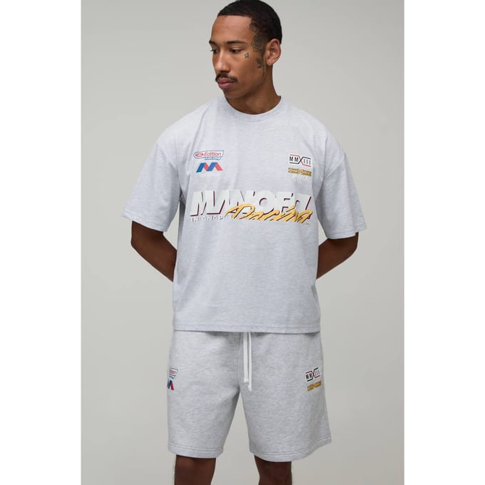 Oversized Boxy Heren Moto Bedrukt T-shirt & Baggy Short Set | Grey Marl | Size Medium