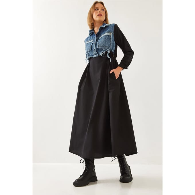 Gestructuurde Gabardine Maxi-jurk met Overhemdkraag en Knopsluiting