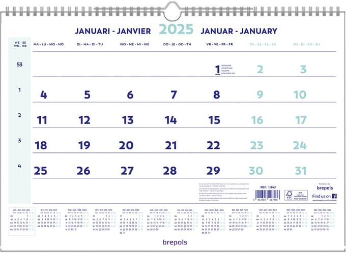 Brepols Maandkalender 2025 - Wire-O - 43 x 31,5 cm