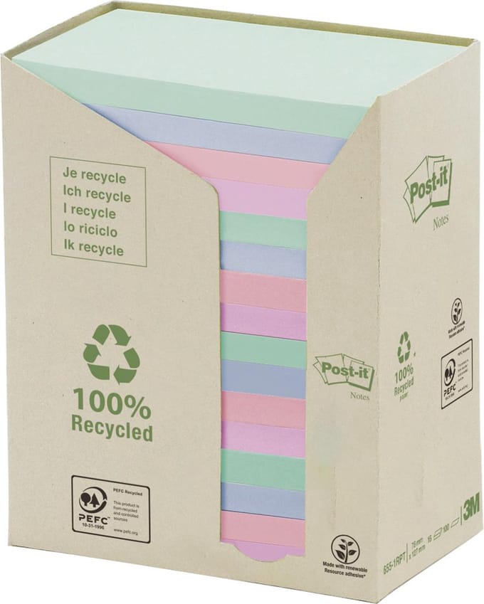 Post it Notes Recycling 127 x 76 mm 6 kleuren