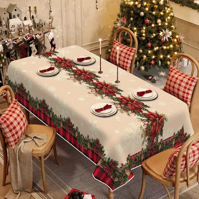Kerst Poinsettia Dennenaald Waterdichte Tafelkleed Tafel Decoratie Winter Kerst Keuken Eettafelkleed Kerst Decoraties 90x140cm brown