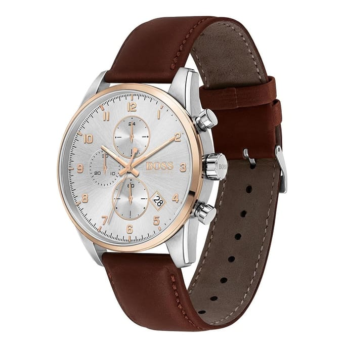 Hugo Boss Montre homme en cuir marron 1513786 44 white