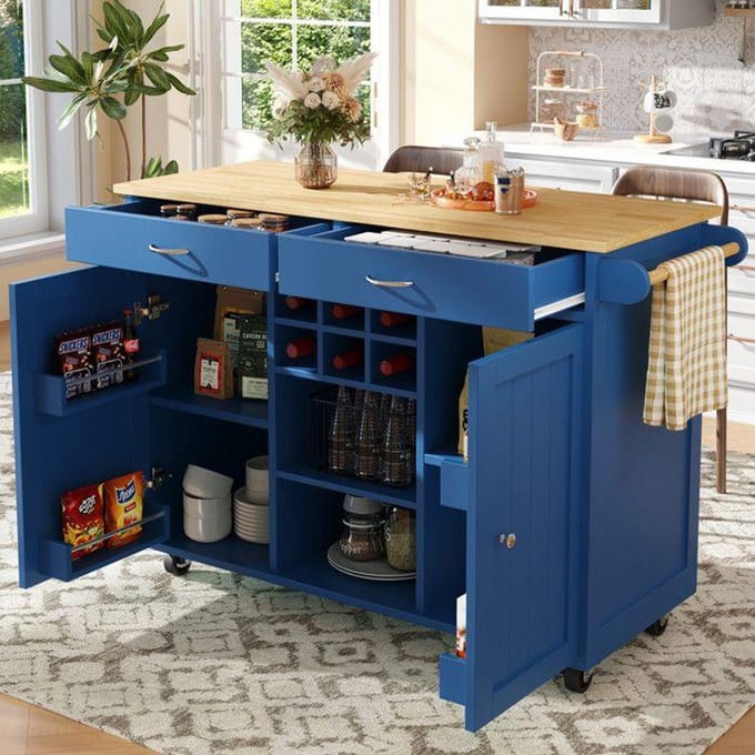 Îlot de cuisine - MUVOE - 102x45x92 cm - MDF bleu - Rangement flexible - Design contemporain