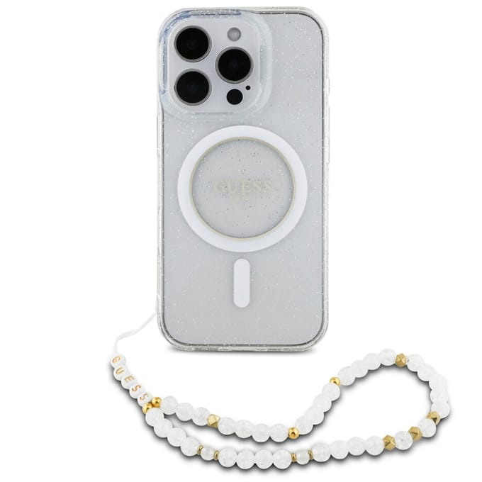 Guess MagSafe IML Glitter Case met beads strap voor de Apple iPhone 16 Pro - Transparent