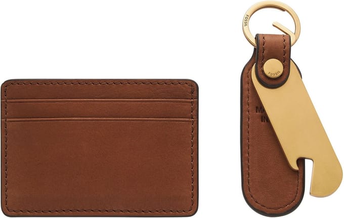 FOSSIL Kaarthouder Sleutelhanger Steven Card Case and Keyfob Bottle Opener Gift Set Medium Brown Bruine