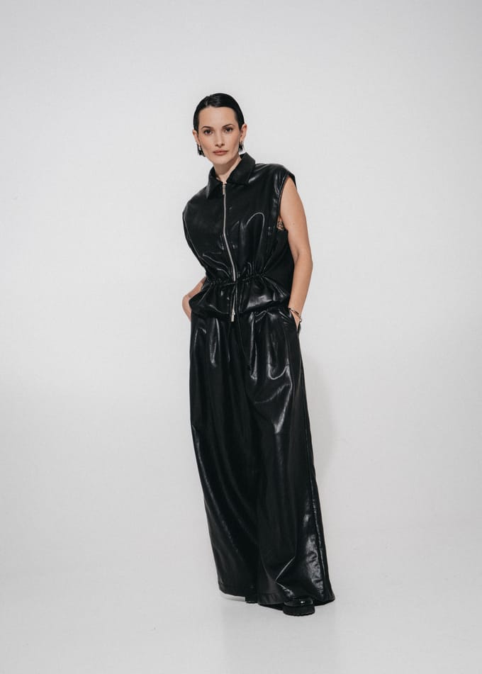 Sienna eco leather wide-leg  pants | Black - Black / M