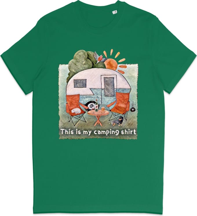 Heren en Dames T Shirt - Camping Kampeer Tafereel - Groen L