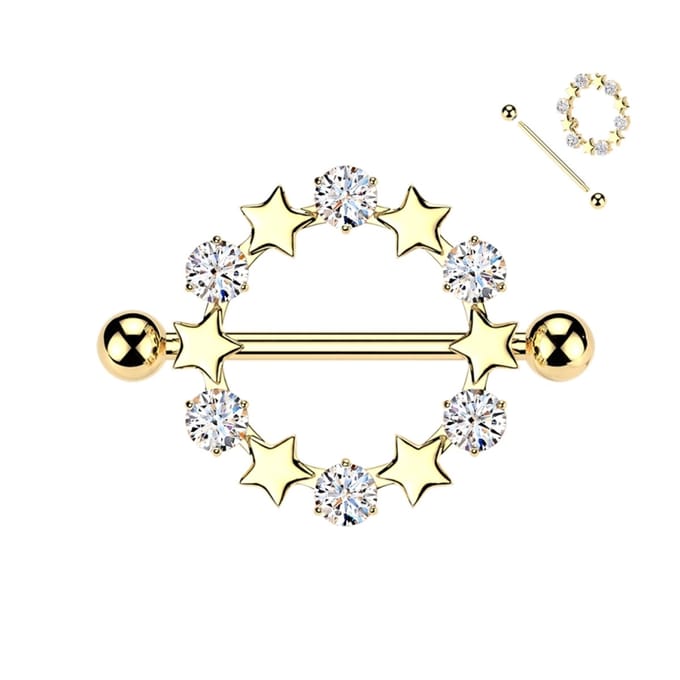 Tepelpiercing ster en steen schild 1.6x14 - goud - LMPiercings
