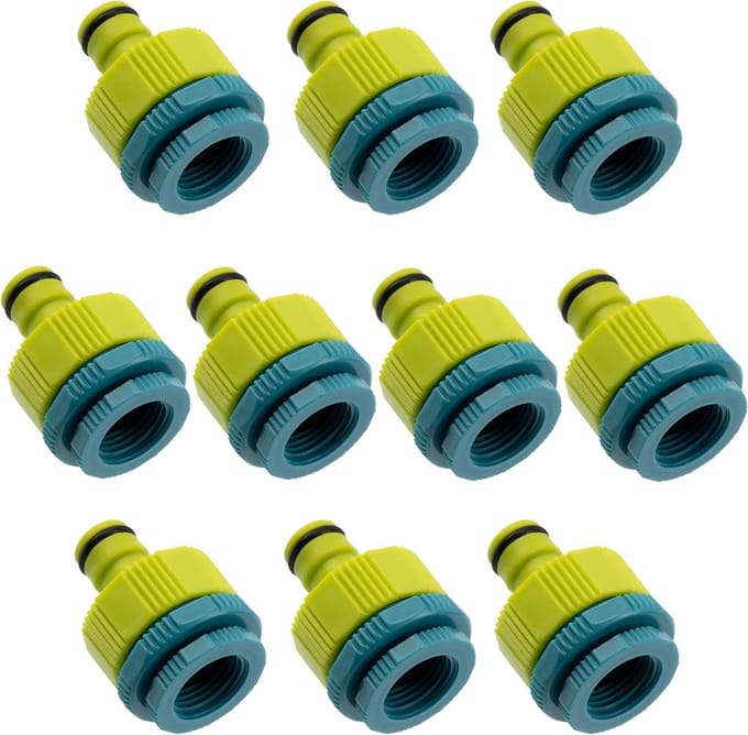 Allecta - Set van 10 Kraanadapters 1''-1/2''-3/4'' voor tuinslang - Vrouwelijk & mannelijk - Kunststof.