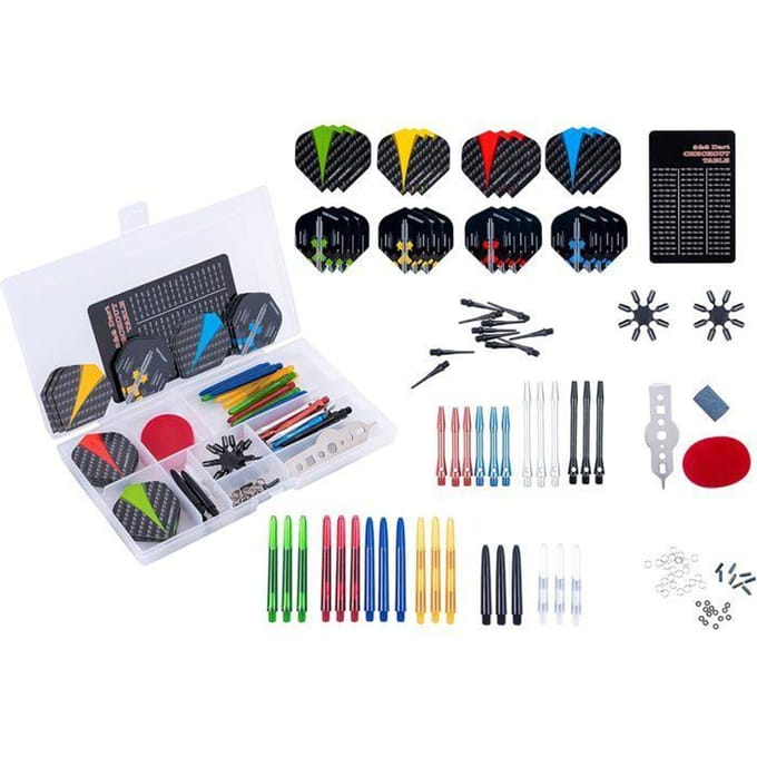 ENGELHART - Kit Accessoires Fléchettes 141 Pièces - Pointe Acier et Pointe Nylon - Ailettes, Tiges, Pointes Soft Tip, Outil et Boîte