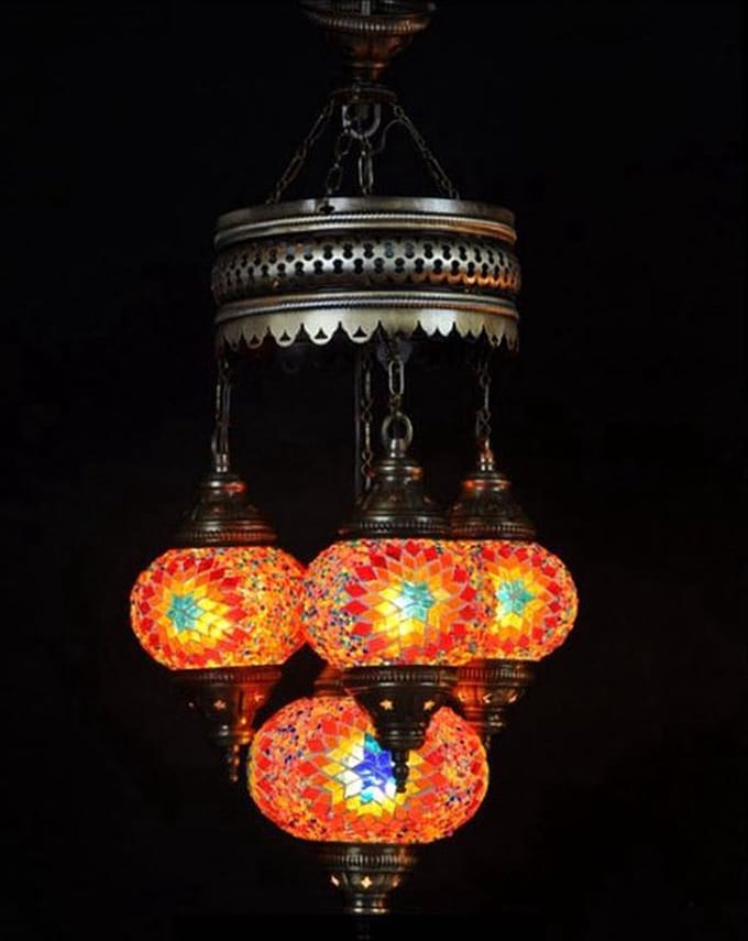 Turkse hanglamp - oosterse hanglamp 4 bollen - multicolour mozaiek - handgemaakt - E-14 fitting - 80 cm lengte