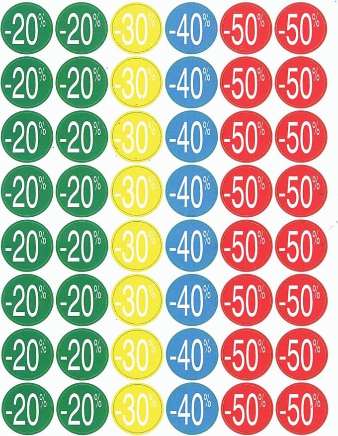 Agipa Kortinglabel van -20% tot - 50% (80 x -20%, 40 x -30%, 40 x -40%, 80 x -50%), geassorteerde kleu...